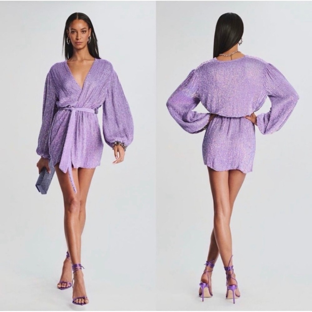NWT Retrofête Gabrielle Sequin Crystal Wrap Mini Dress Dusty Lilac Purple S